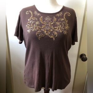 Embellished Brown Women's Short Sleeve Top